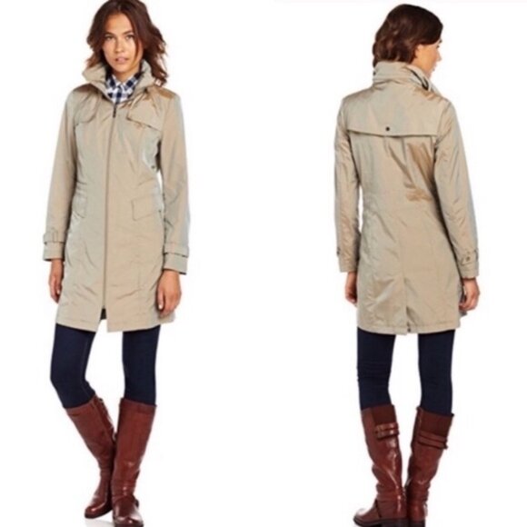 Cole Haan sz M Topaz Beige Tan Shimmer Travel Packable Raincoat Zip Hood Pockets - Picture 1 of 16